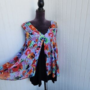 CHA CHA VENTE Women Black Print Floral Overlay Shirt Blouse Split Front Plus 2X